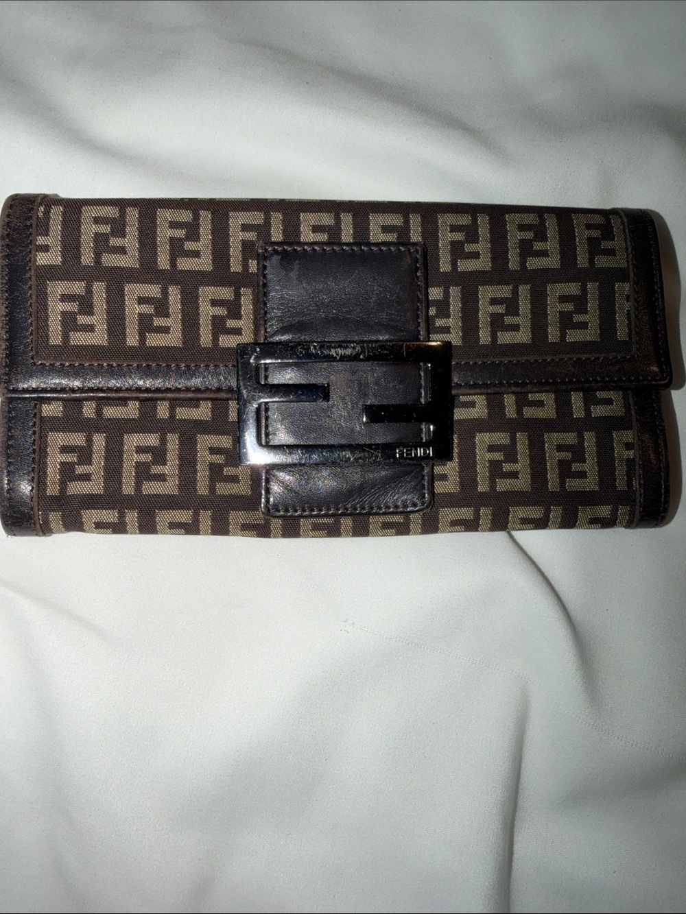 Fendi Brown Zucca FF Logo Continental Wallet with Silver Buckle